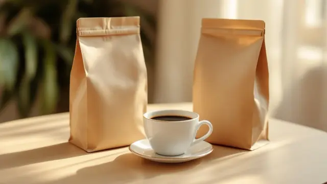 Kraft coffee subscription bags and a cup of coffee on a wooden table