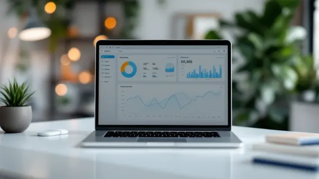 A laptop showing a SaaS analytics dashboard on a bright desk