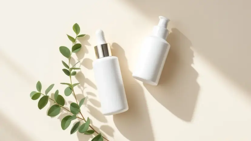 Minimal skincare serum and cream bottles on a soft beige background